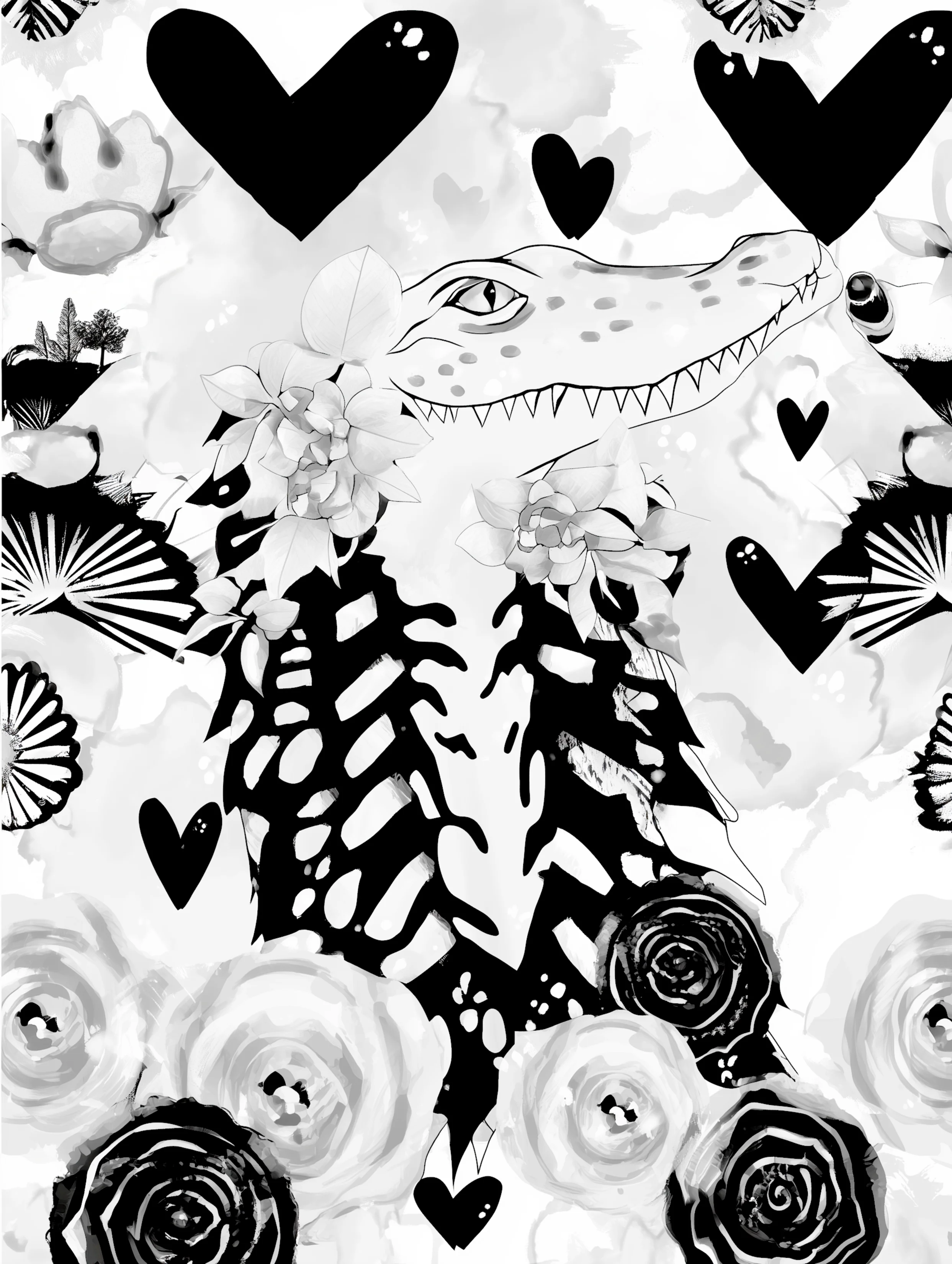 Free printable crocodile coloring pages for adults featuring hearts around crocodile